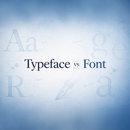 A diagram showing the words Typeface vs Font on a blue background with faint letters in the background.