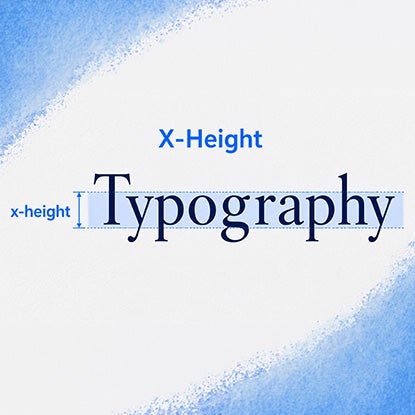 An illustration showing how x-height works in fonts, using the word Typography on a blue background.