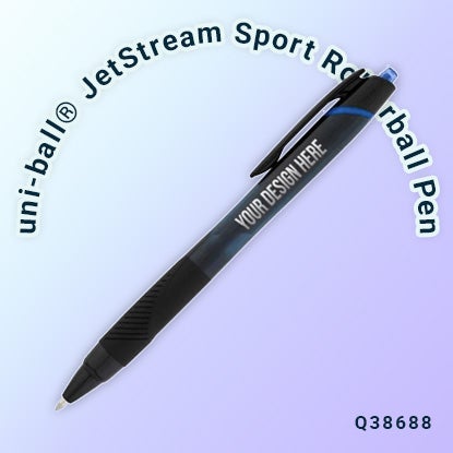 A photo showing a pen with a black barrel and grip, and a blue accent on the end.