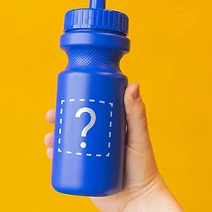 A photo showing a hand holding a blue push cap water bottle, printed with a question mark inside a dotted line, against a yellow background.