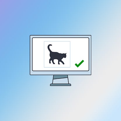 An illustration showing a computer screen with a drawing of a cat with a square around it next to a big green check mark.