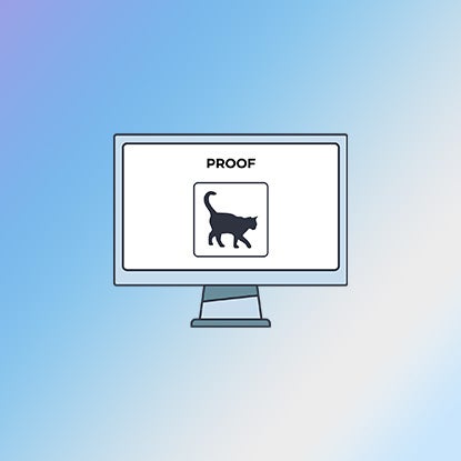 An illustration showing a computer screen with a drawing of a cat with a square around it under the word PROOF.