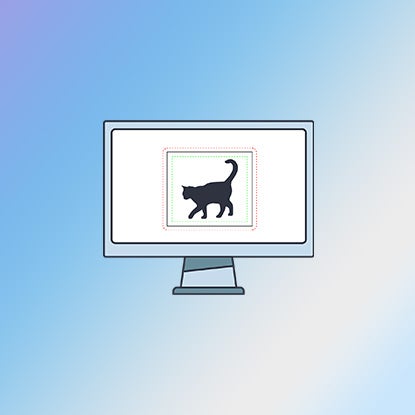 An illustration showing a computer screen with a drawing of a cat inside a green dotted square, then a grey solid line, and a red dotted line on the outside.