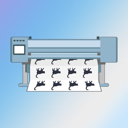 An illustration showing a big printer printing pictures of a cat.