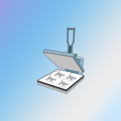 An illustration showing a sheet of sublimation paper printed with cat pictures sitting on mouse pad foam in a heat press.