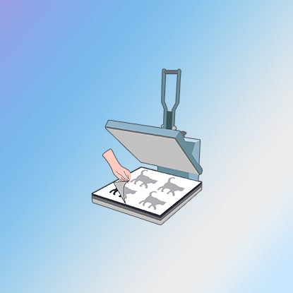 An illustration showing a hand peeling off the sheet of sublimation printer paper to reveal the design printed on the mouse pads.