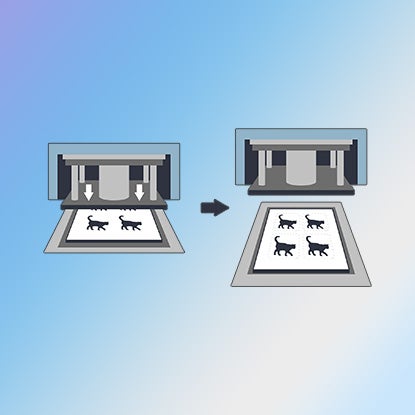 An illustration showing a big sheet printed with individual cat pictures, being die cut into square mouse pads.