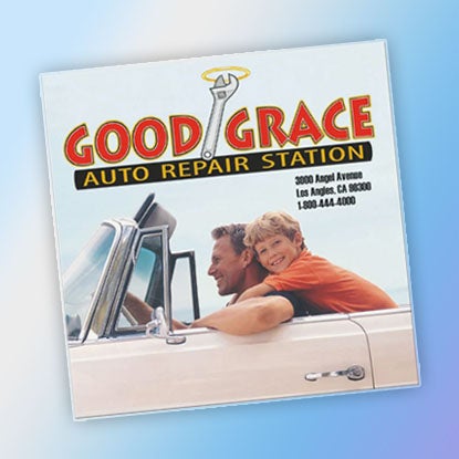 A photo of a square magnet printed with an ad for Good Grace Auto Repair Station.