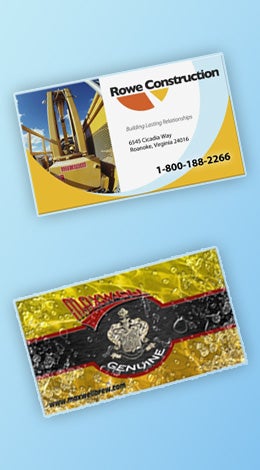 A photo collage showing two rectangular magnets, one with an ad for Rowe Construction and one with an ad for Maxwell Genuine.