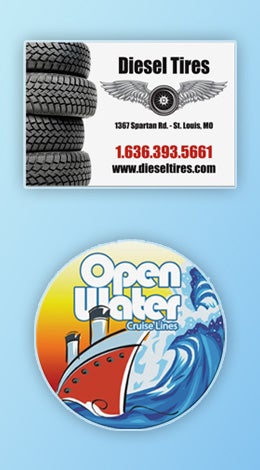 A photo collage showing two magnets, a rectangular one with an ad for Diesel Tires and a circular one with an ad for Open Water Cruise Lines.