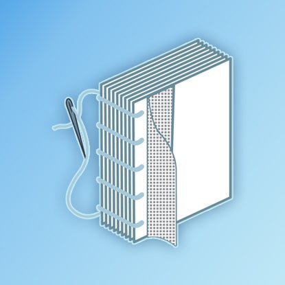 An illustration showing stacks of sewn-together paper being pressed together under a big industrial press.