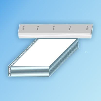 An illustration showing paper signatures being sewn together through the spine, with a flap of gauze about to be glued down the length of the spine.
