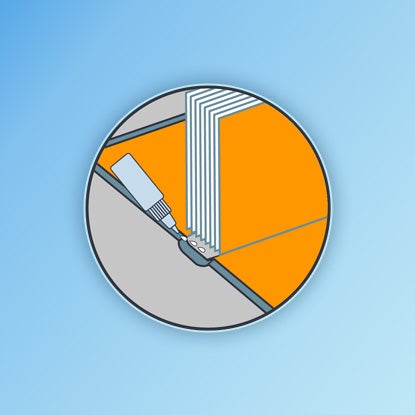An illustration showing how orange endpapers are glued to the cover and first page of the book.