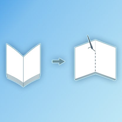 An illustration showing a row of holes in the papers and cover of a notebook being slotted over a wire-o spine, which is then crimped shut.