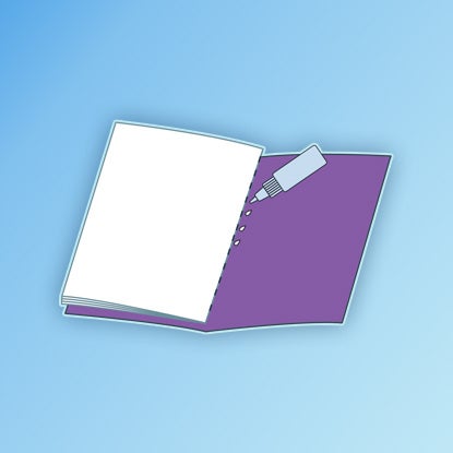 An illustration showing pages resting on top of each other being stitched up the center.