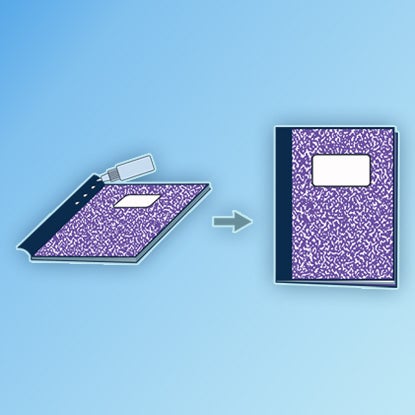 An illustration showing the pages of a notebook being glued along the spine to a purple cover.