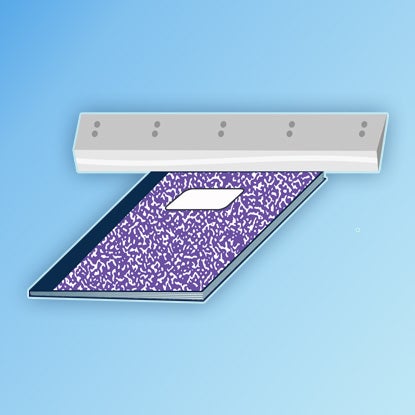 An illustration showing black binding being glued along the outside spine of the purple notebook.