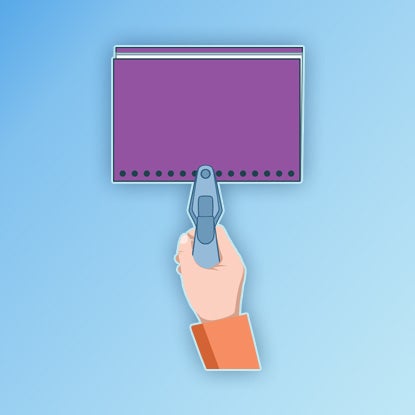 An illustration showing stiff card wrapped in purple material, with a blue inside cover being glued on to hide the overlapping edges.