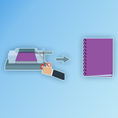 An illustration showing a hand using a hole puncher to punch holes down the spine of the notebook.