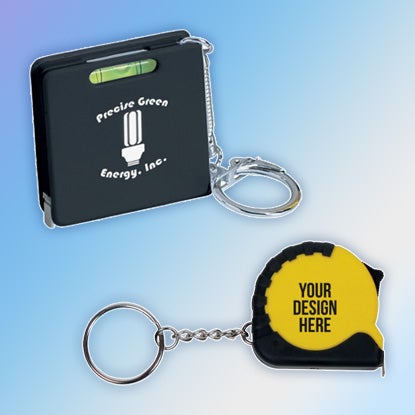 A photo collage showing two mini tape measure keychains. One is grey and square with a built-in level, and one is a small version of a yellow and black construction tape measure.