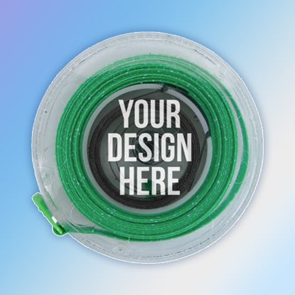 A photo of a round measuring tape, with a clear plastic case and a green tape.