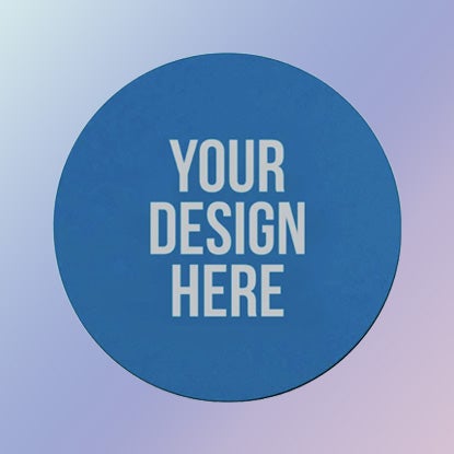 A photo of a round blue jar opener printed with YOUR DESIGN HERE.