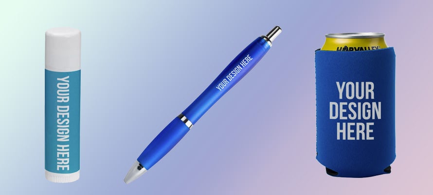 A photo collage of promo products: a tube of lip balm, a pen, and a koozie, all blue and all printed with YOUR DESIGN HERE.