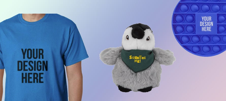 A photo collage of promo products: a t-shirt, a cuddly toy penguin, and a fidget toy. The penguin is wearing a bandana that says Squeeze Me. The t-shirt and fidget toy are both printed with YOUR DESIGN HERE.