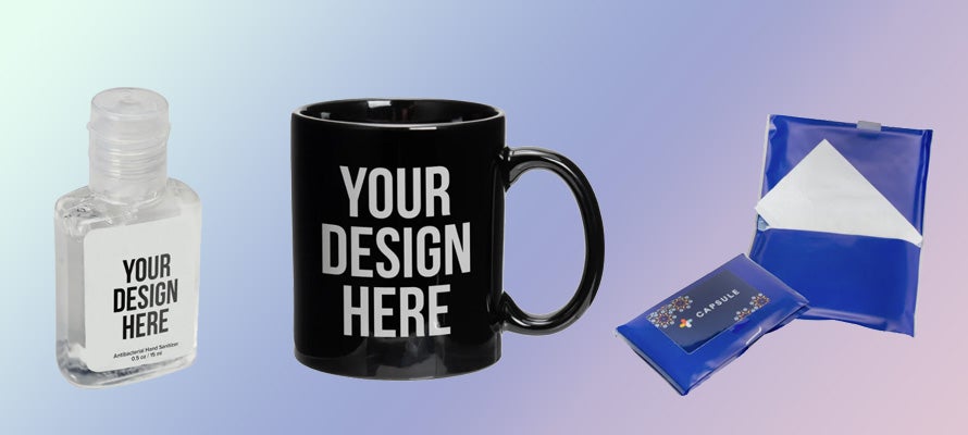 A photo collage of promo products: a bottle of hand sanitizer, a black mug, and a packet of tissues. The hand sanitizer and mug are printed with YOUR DESIGN HERE.