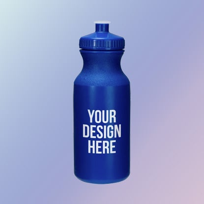 A photo of a blue sports water bottle with YOUR DESIGN HERE printed on it.