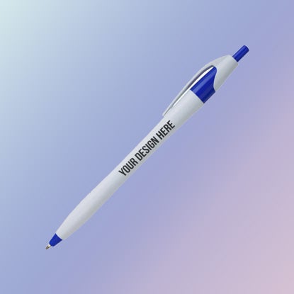 A photo of a white pen with blue accents and YOUR DESIGN HERE printed on it.