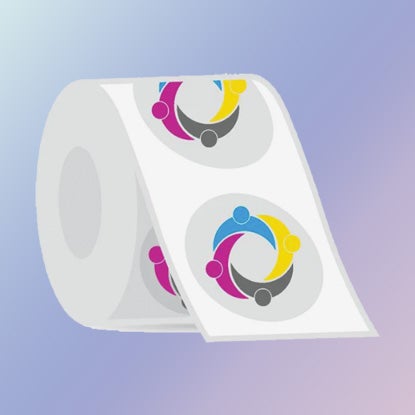 An illustration of a roll of stickers, with a cyan, magenta, yellow, and black design.