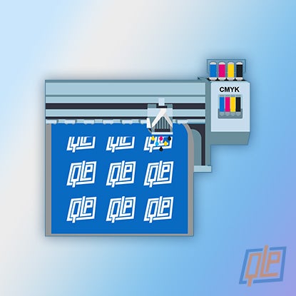 A diagram of a printer printing white QLP logos on a blue sheet.