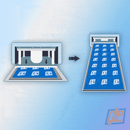 A diagram of a die cutter stamping out heart-shaped blue mouse pads.