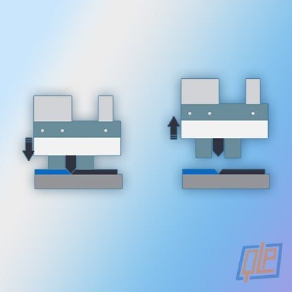 A close up illustration of the die cutter blade showing the ejector rubber being compressed then pushed out as the blade lifts.
