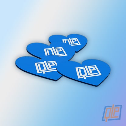 An illustration showing heart-shaped blue mouse pads with white QLP logos printed on them.