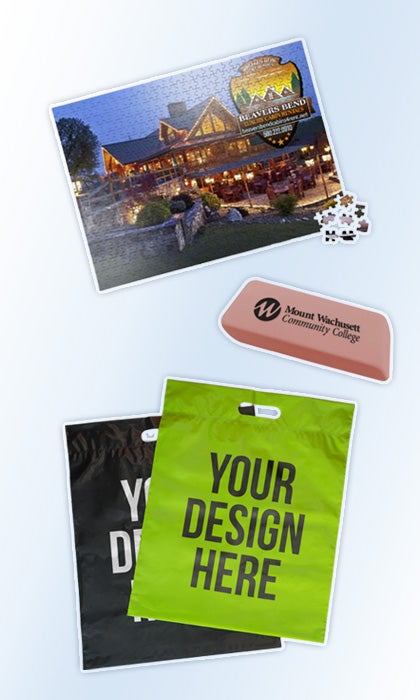 A photo collage showing a jigsaw puzzle, an eraser, and two die cut plastic bags.